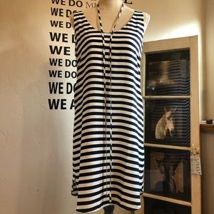 Navy blue and white striped summer dress.